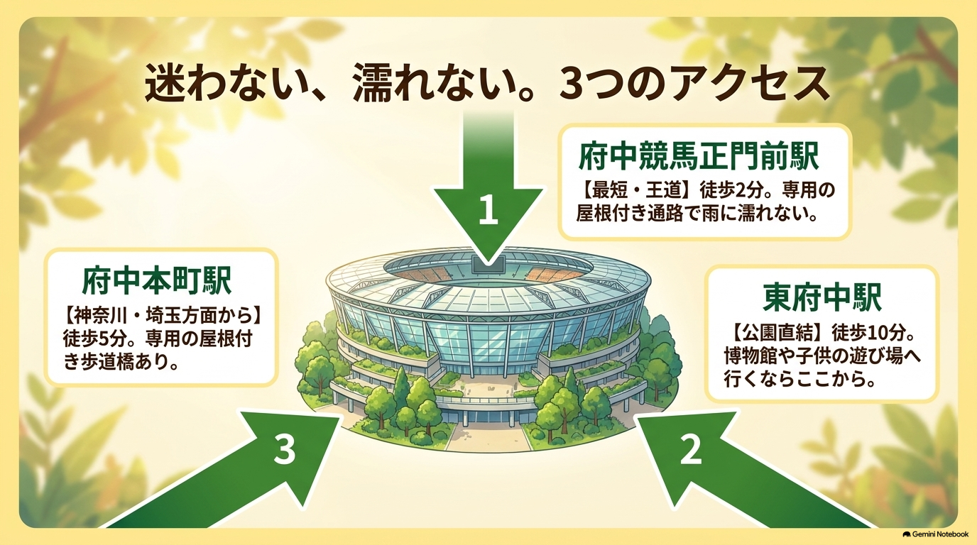 迷わない、濡れない。府中競馬正門前駅、府中本町駅、東府中駅からの3つのアクセス