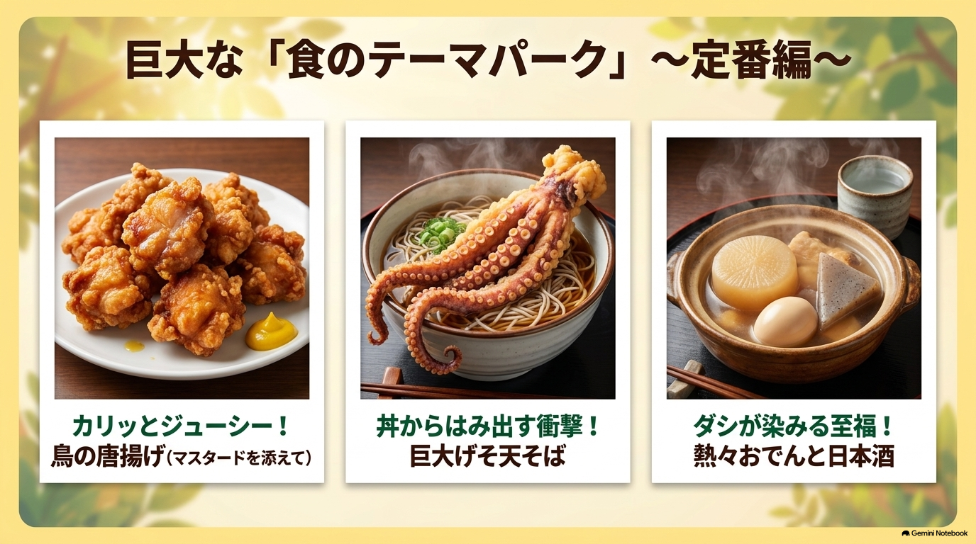 巨大な食のテーマパーク定番編。鳥千の唐揚げ、いかげそ天そば、おでん