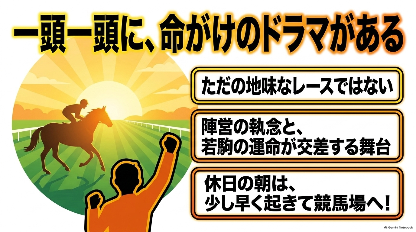 一頭一頭に命がけのドラマがある。陣営の執念と若駒の運命が交差する舞台。休日の朝は競馬場へ