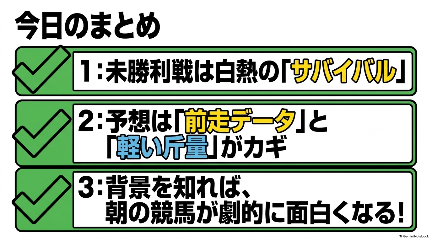 今日のまとめ。未勝利戦は白熱のサバイバル、予想は前走データと軽い斤量がカギ