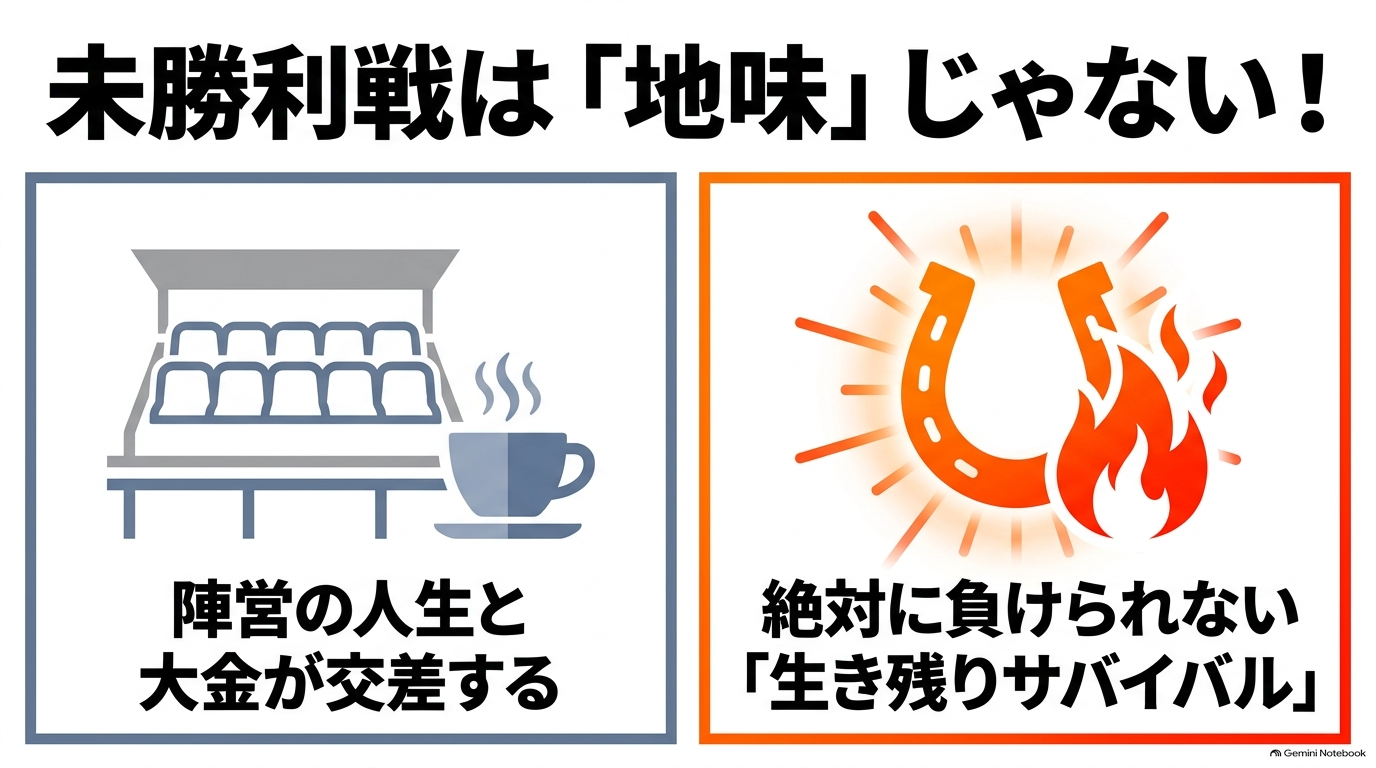 未勝利戦は地味じゃない。陣営の人生と大金が交差する絶対に負けられない生き残りサバイバル