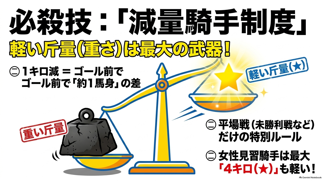 平場戦特有の必殺技である減量騎手制度。女性見習騎手は最大4キロ減の恩恵がある