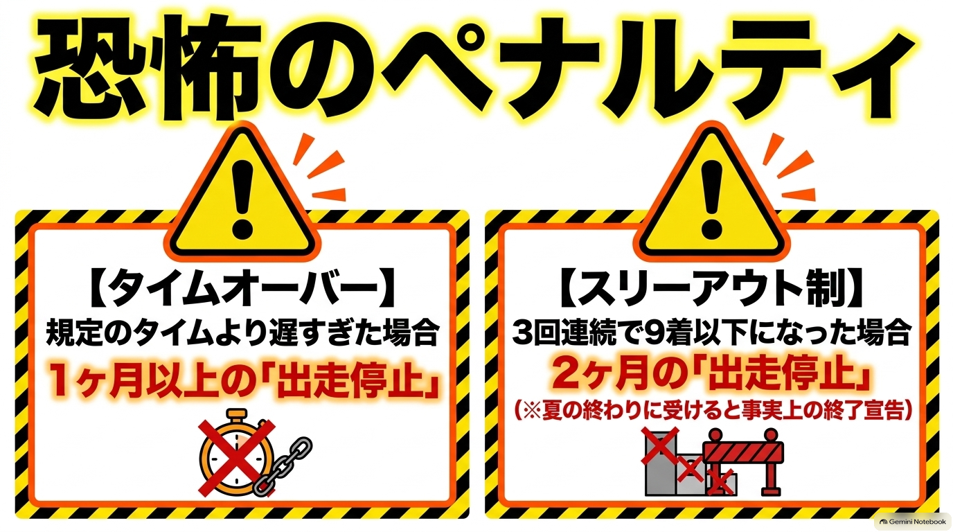 恐怖のペナルティ。タイムオーバーによる1ヶ月以上の出走停止と、スリーアウト制による2ヶ月の出走停止