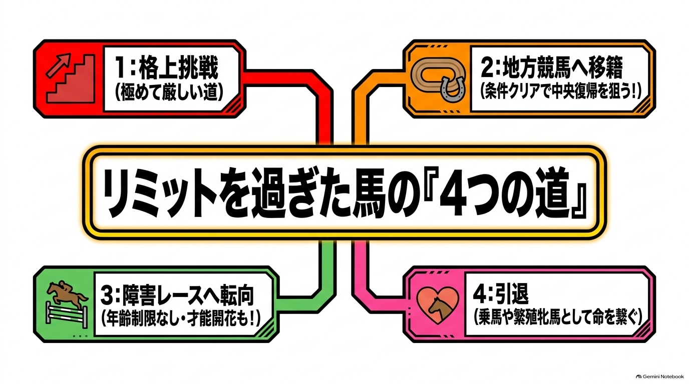 リミットを過ぎた馬の4つの道。格上挑戦、地方競馬へ移籍、障害レースへ転向、引退