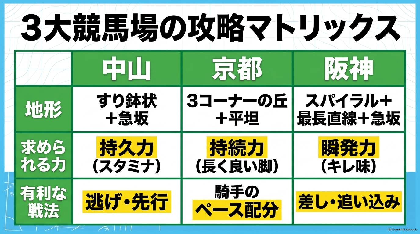 中山、京都、阪神の地形、求められる力、騎手のペース配分、有利な戦法を比較整理した攻略マトリックス表
