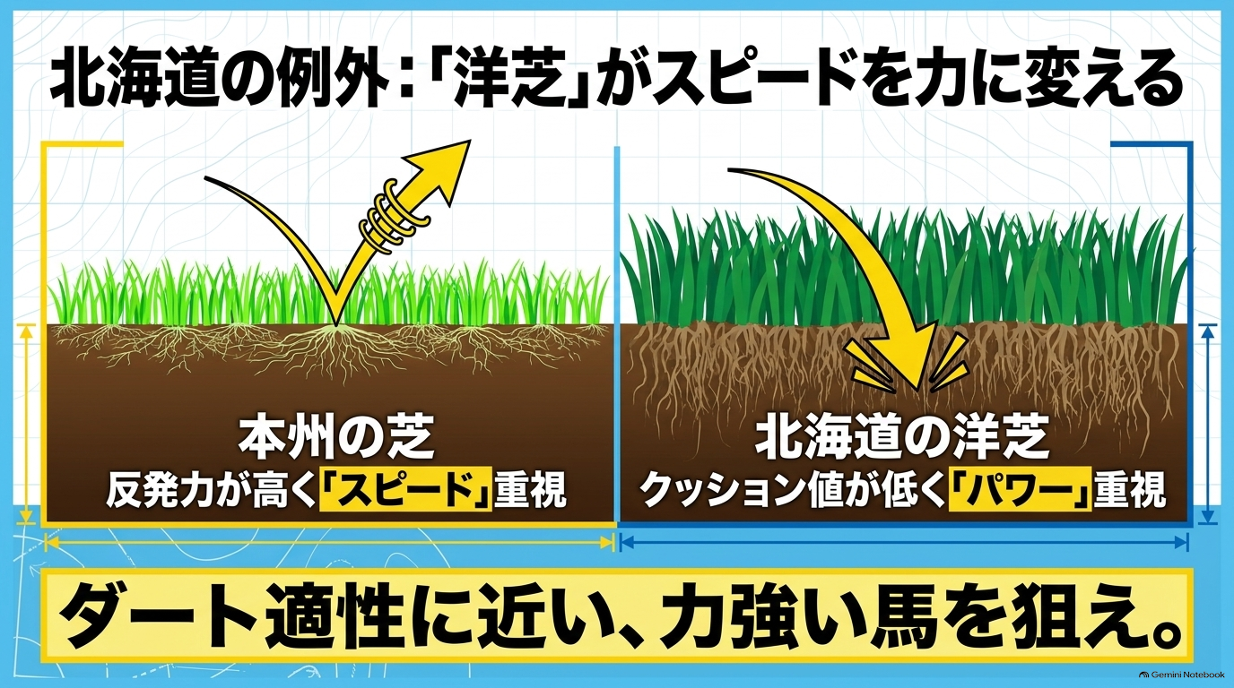 スピード重視の本州の芝に対し、反発力が低くダート適性に近いパワーが求められる北海道の洋芝の特徴比較