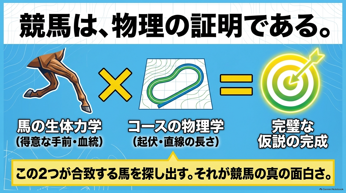 馬の得意な手前や血統といった生体力学と、コースの起伏や直線の長さといった物理学が合致する馬を探し出す仮説証明の図解