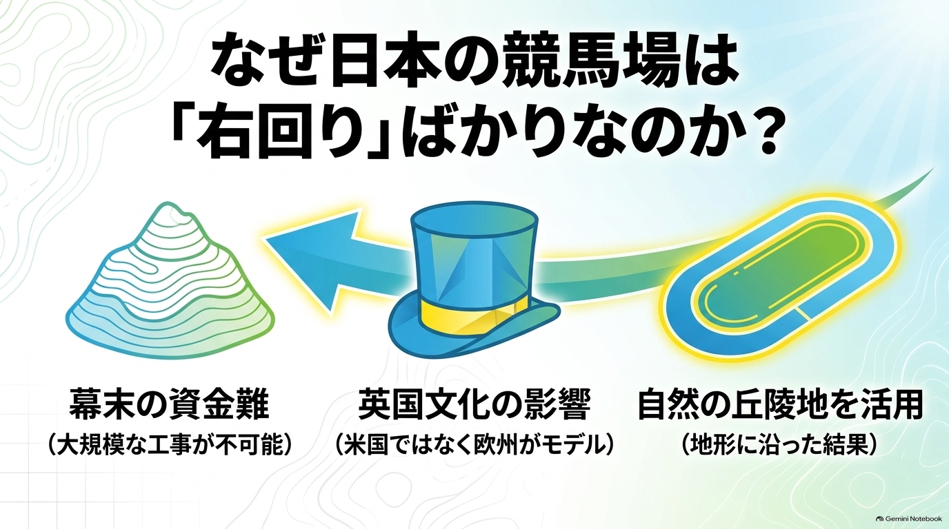 幕末の資金難による自然の丘陵地活用や、英国文化の影響により日本の競馬場に右回りが多い理由を解説した図解
