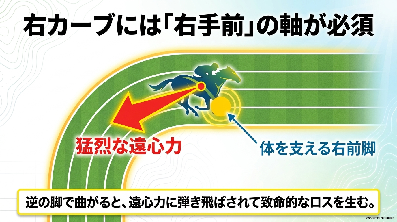 右カーブの猛烈な遠心力に耐えるため、右前脚を軸とする右手前が必須であることを示す馬の生体力学の図解
