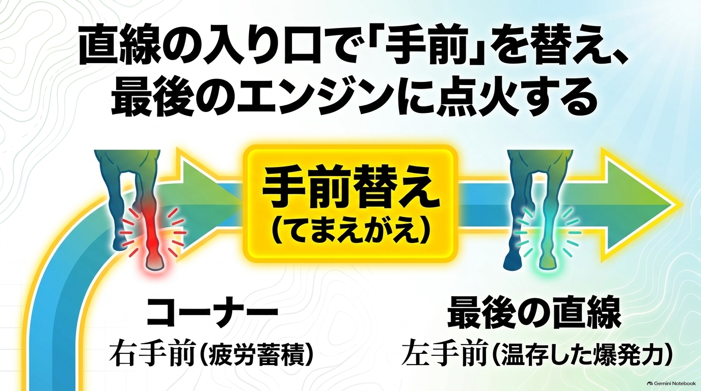 直線の入り口で右手前から左手前に手前替えを行い、温存した爆発力に点火するメカニズムの解説