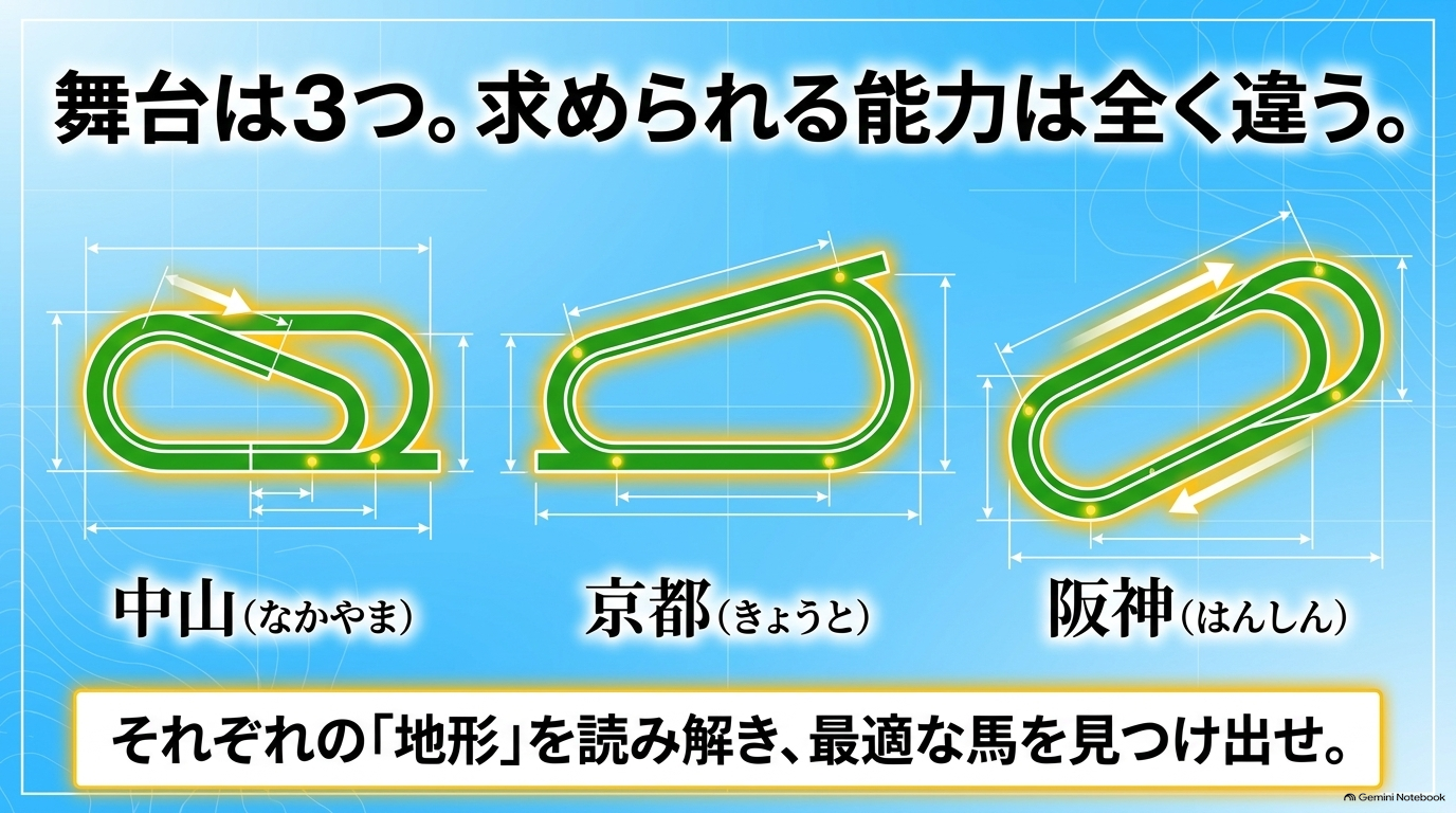 中山、京都、阪神の3つの主要競馬場で求められる能力が地形によって全く異なることを示すスライド