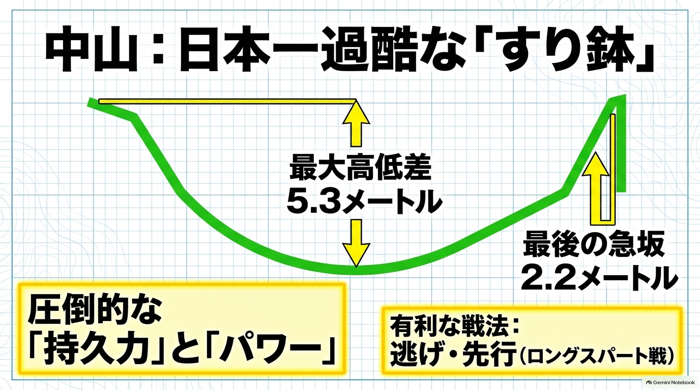 最大高低差5.3メートルと最後の急坂を持ち、圧倒的な持久力とパワーが求められる中山競馬場のコース図解