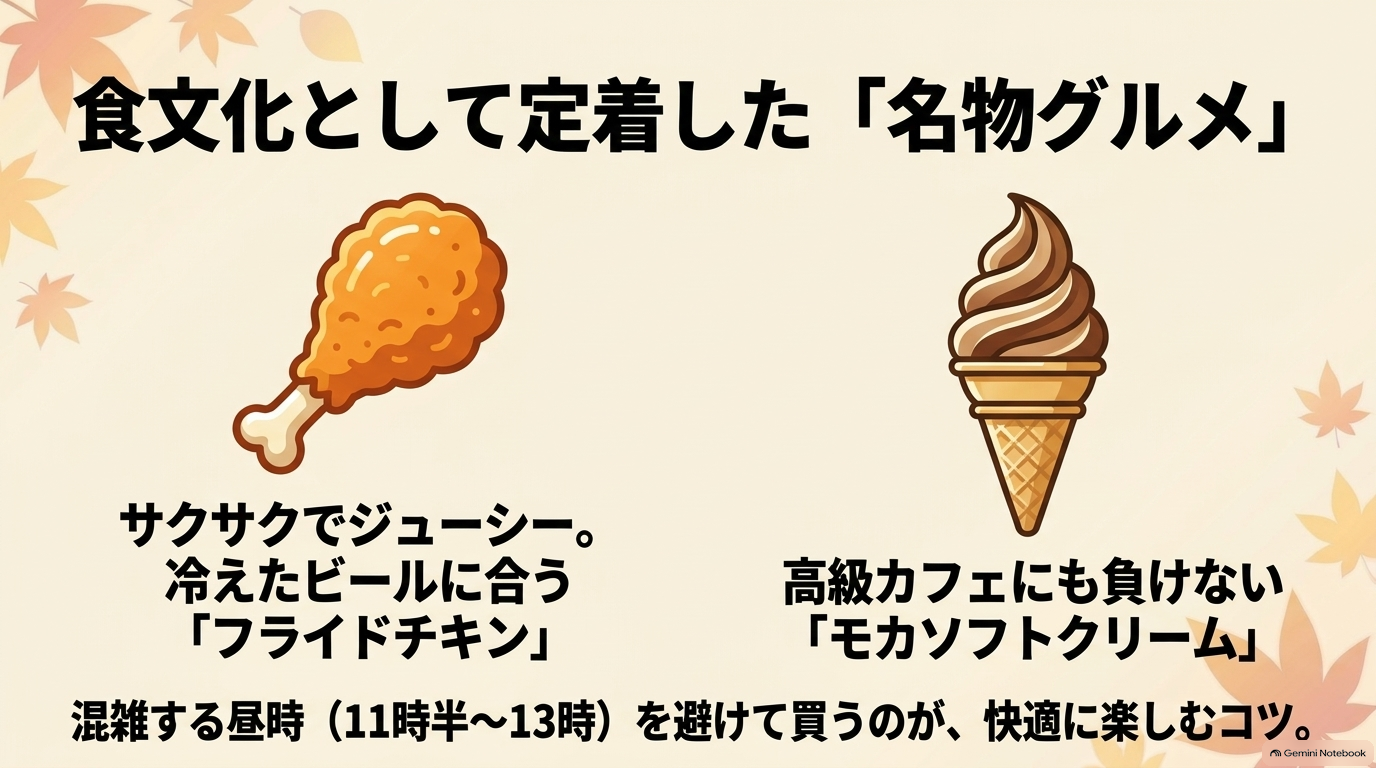食文化として定着した名物グルメ。サクサクのフライドチキンや高級カフェに負けないモカソフトクリーム