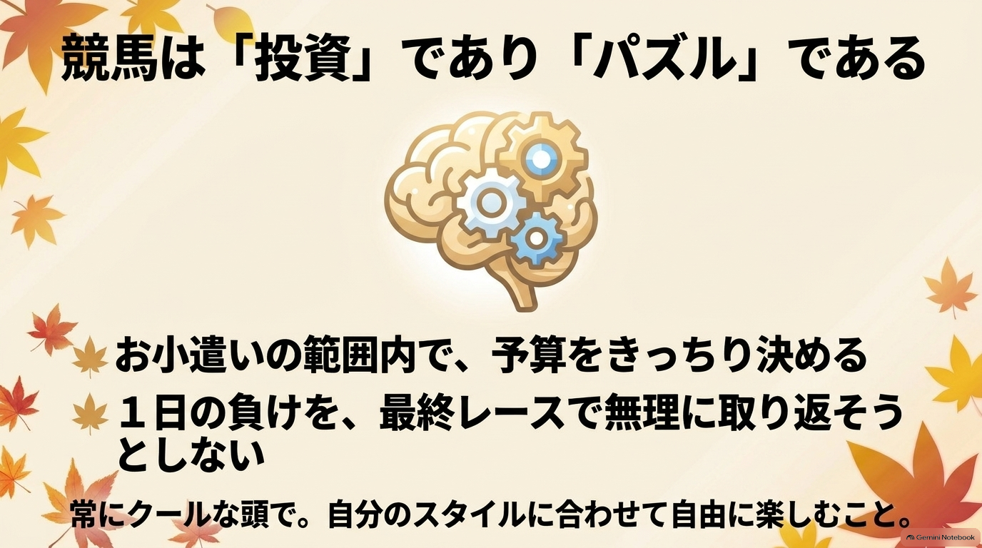 競馬は投資でありパズルである。1日の負けを最終レースで無理に取り返そうとしないこと
