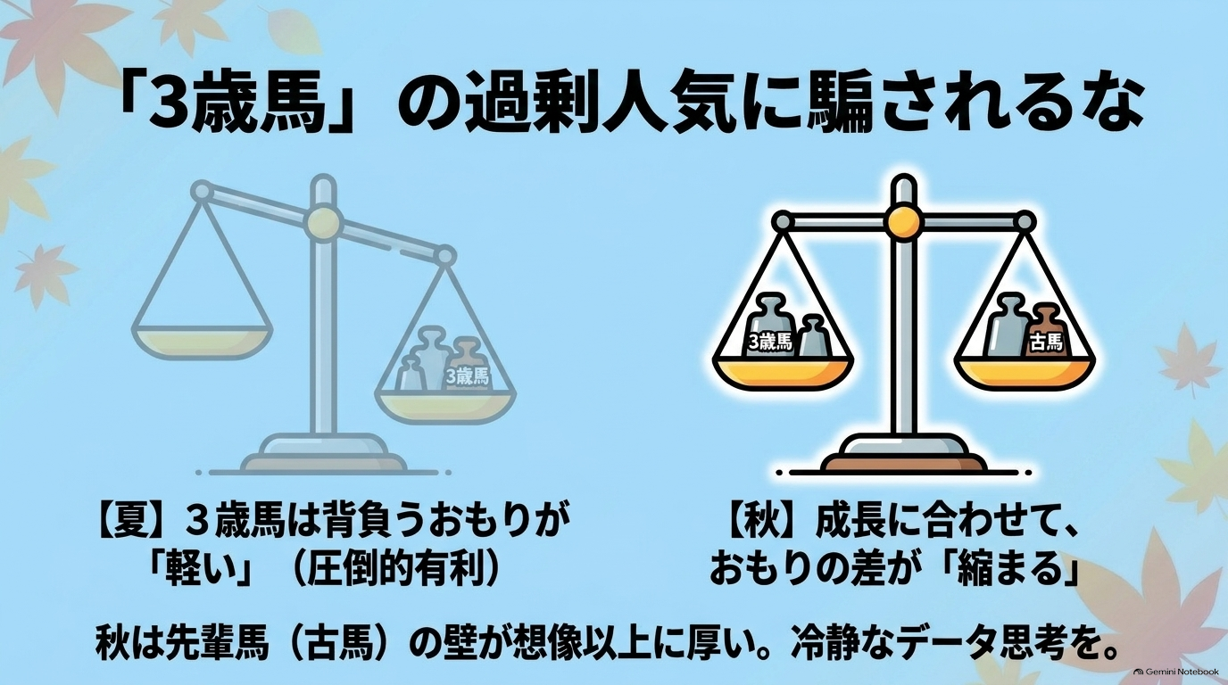 3歳馬の過剰人気に騙されるな。夏から秋にかけて古馬と3歳馬のおもりの差が縮まる