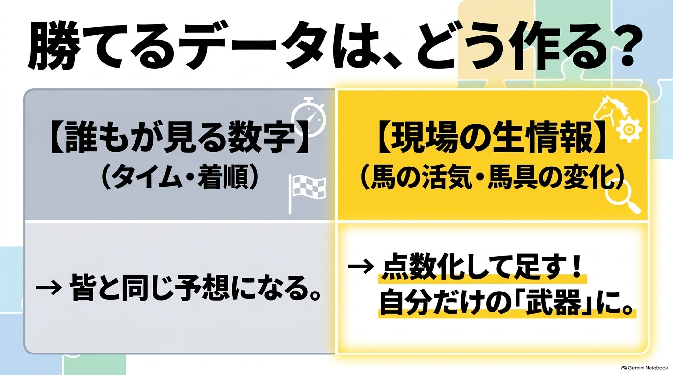 誰もが見るタイムなどの数字に、馬の活気といった現場の生情報を点数化して足すことで自分だけの武器を作る方法
