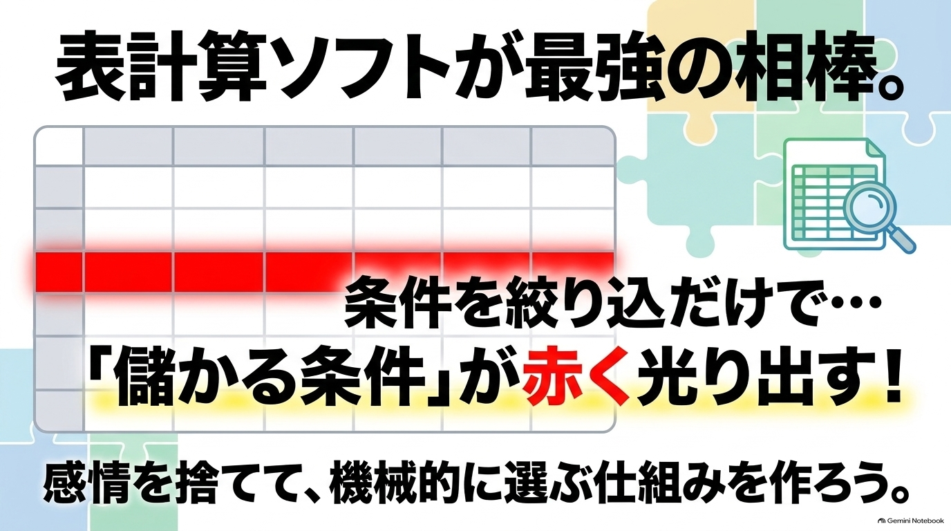 表計算ソフトで条件を絞り込み、儲かる条件を赤く光らせて感情を捨て機械的に選ぶ仕組みのイメージ