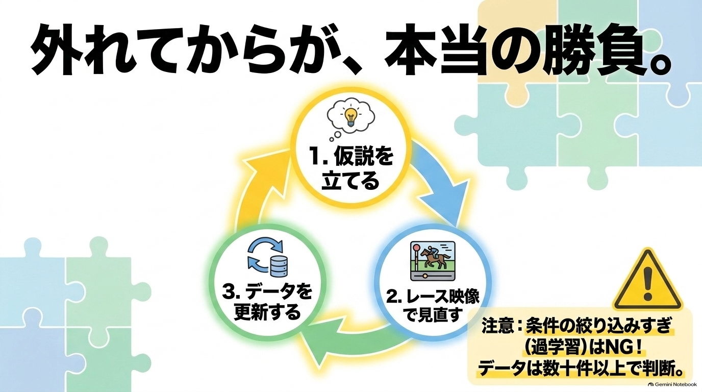 仮説を立ててレース映像で見直しデータを更新するサイクルと、条件の絞り込みすぎである過学習への注意喚起