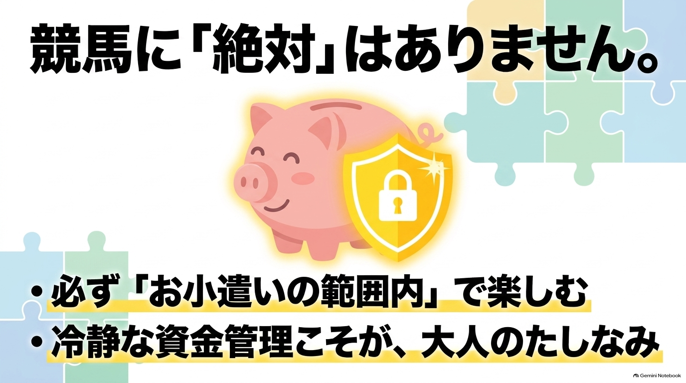 競馬に絶対はないため、必ずお小遣いの範囲内で楽しみ、冷静な資金管理をすることが大人のたしなみであるというルールの解説