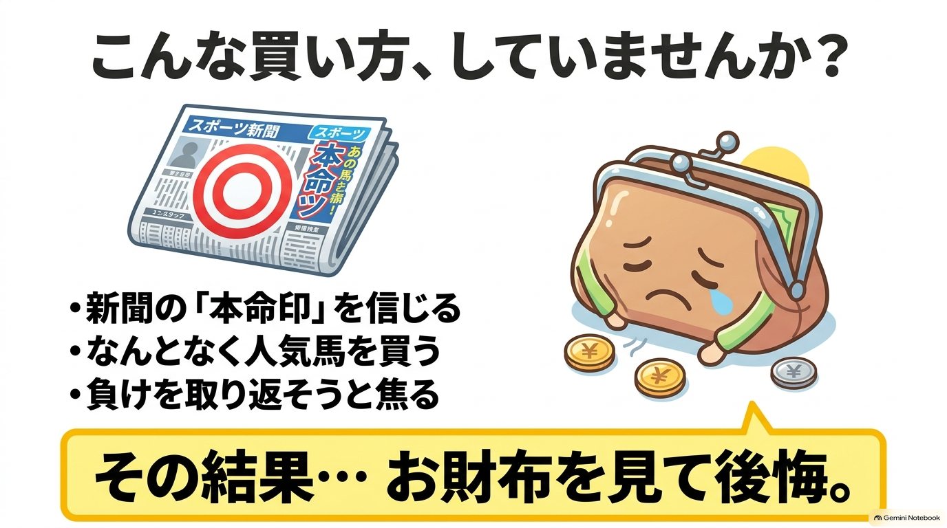 スポーツ新聞の本命印を信じたり人気馬をなんとなく買ったりした結果、財布を見て後悔するよくある失敗例のイラスト