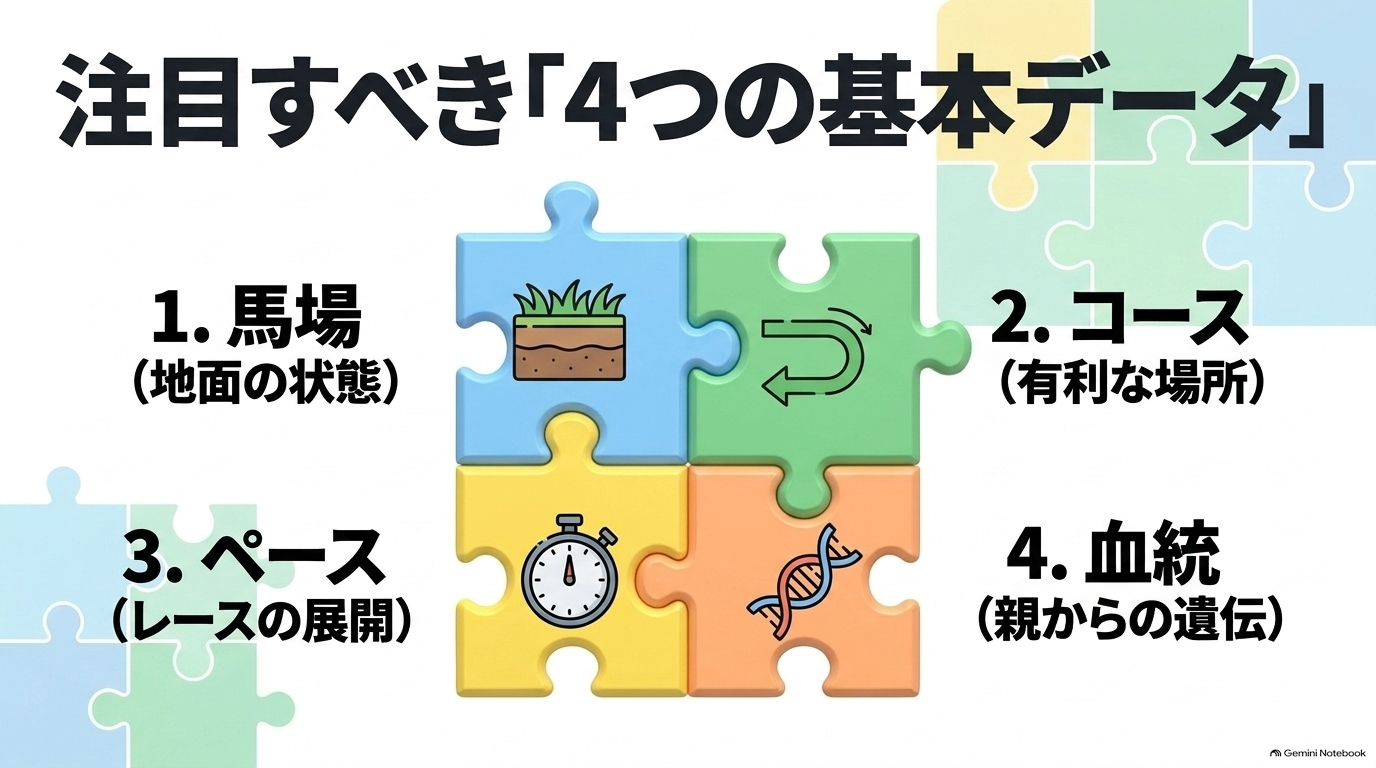 競馬予想のパズルを構成する馬場、コース、ペース、血統という4つの重要な基本データを示すイラスト
