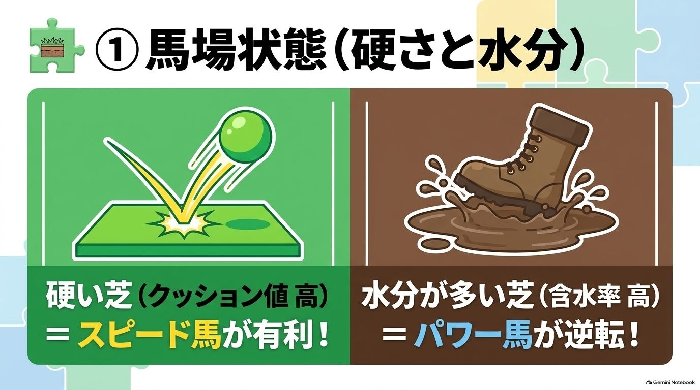開幕直後は内側が有利で、開催後半は荒れた内側を避ける外枠が有利になるというトラックバイアスの解説
